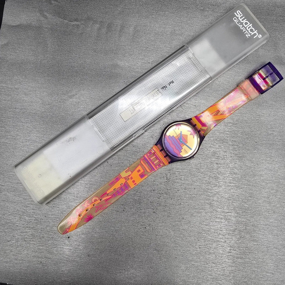 Swatch Rara Avis Watch Men 34mm Gold Dial Purple Case GV103 New Battery NOS15