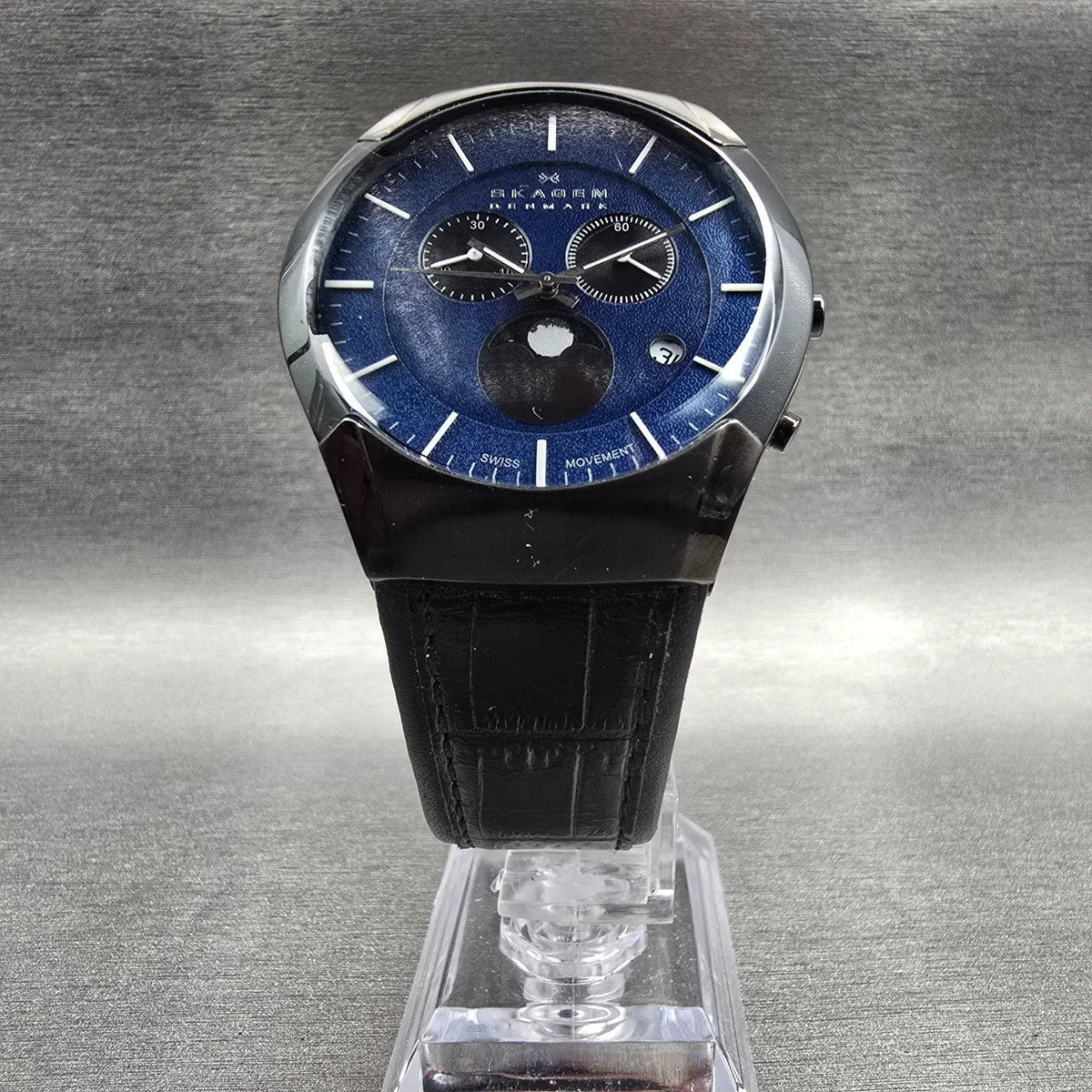 Skagen Black Label Watch Men 40mm Blue Dial Chrono Moonphase 901XLMLN New Batt5