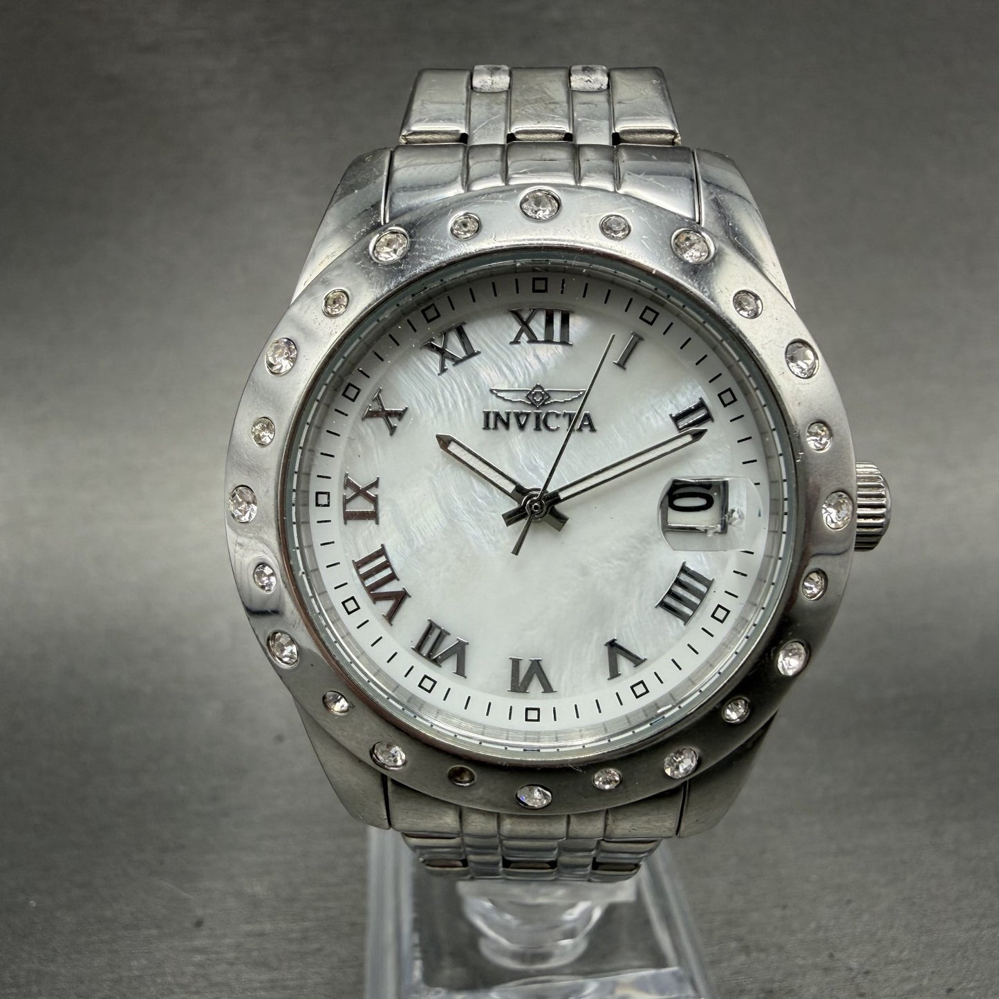 Invicta Angel watch Women 36mm MOP Dial Silver Tone Date Round 18977 New Batt0