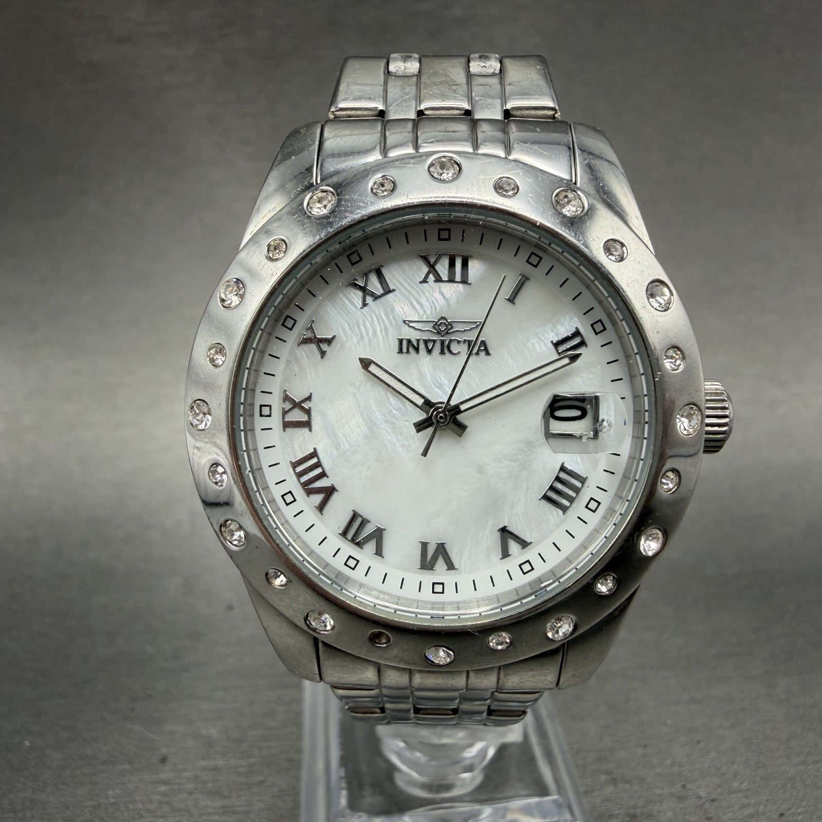 Invicta Angel watch Women 36mm MOP Dial Silver Tone Date Round 18977 New Batt0