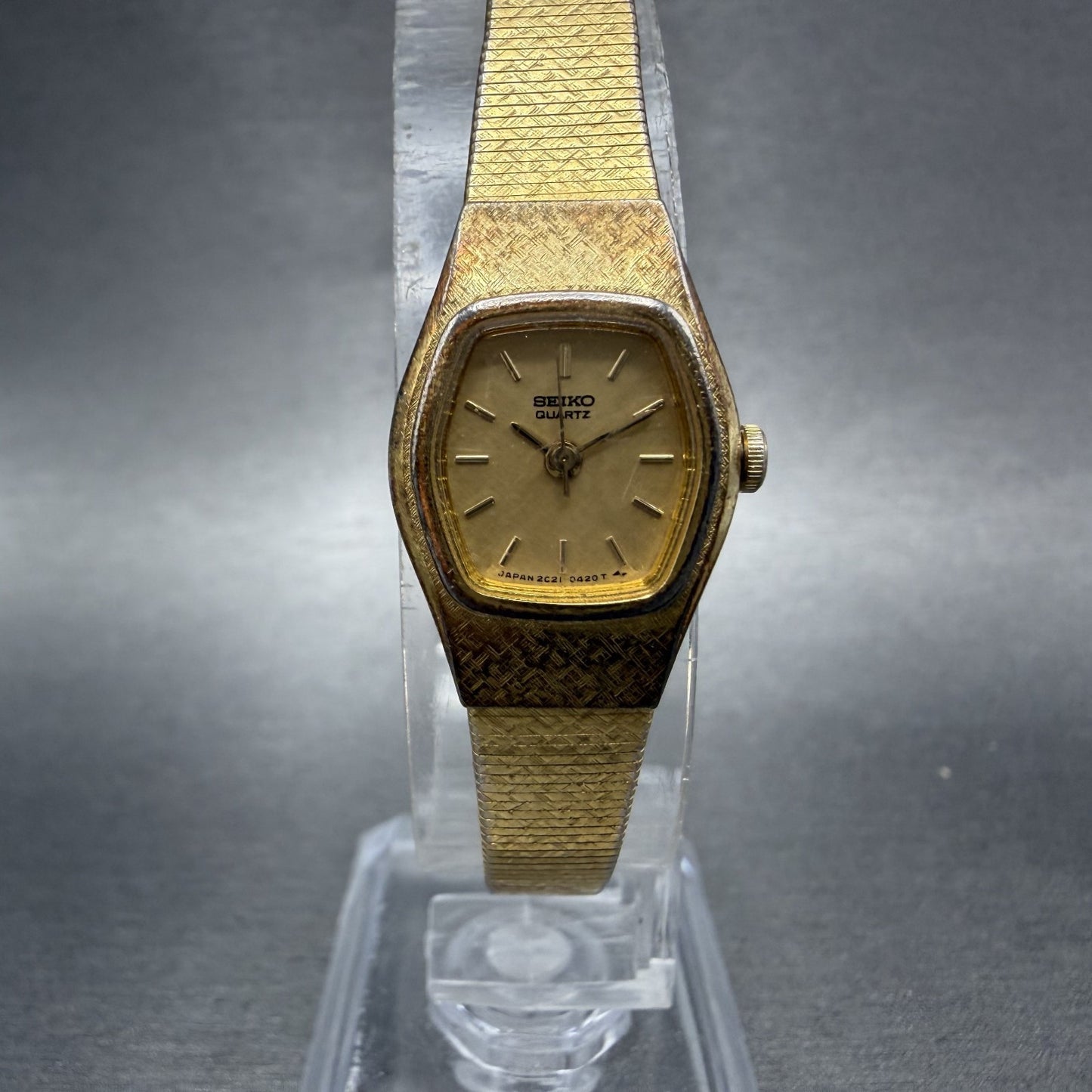 Seiko Watch Women 16mm Gold Dial Gold Tone Hexagon 2C21-5149 New Batt B1 Vintage0