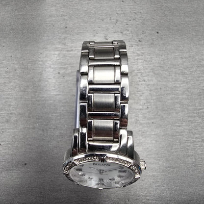 Bulova Watch Women 26mm MOP Dial Silver Tone Gemmed Date Round 96R105 New Batt4