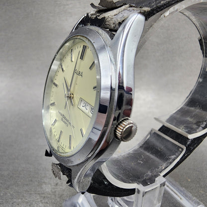 Seiko ALBA Watch Men 34mm Cream Dial Silver Tone Daydate Round V7336C20 PARTS3