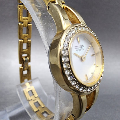 Citizen Watch Women 20mm MOP Dial Gold Tone Crystal Bezel Round New Battery
