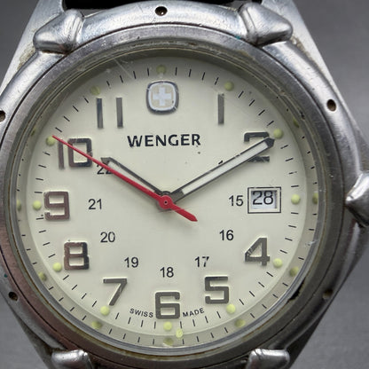 Wenger Watch Men 41mm White Dial Steel Date Round 7311X Band New Battery1