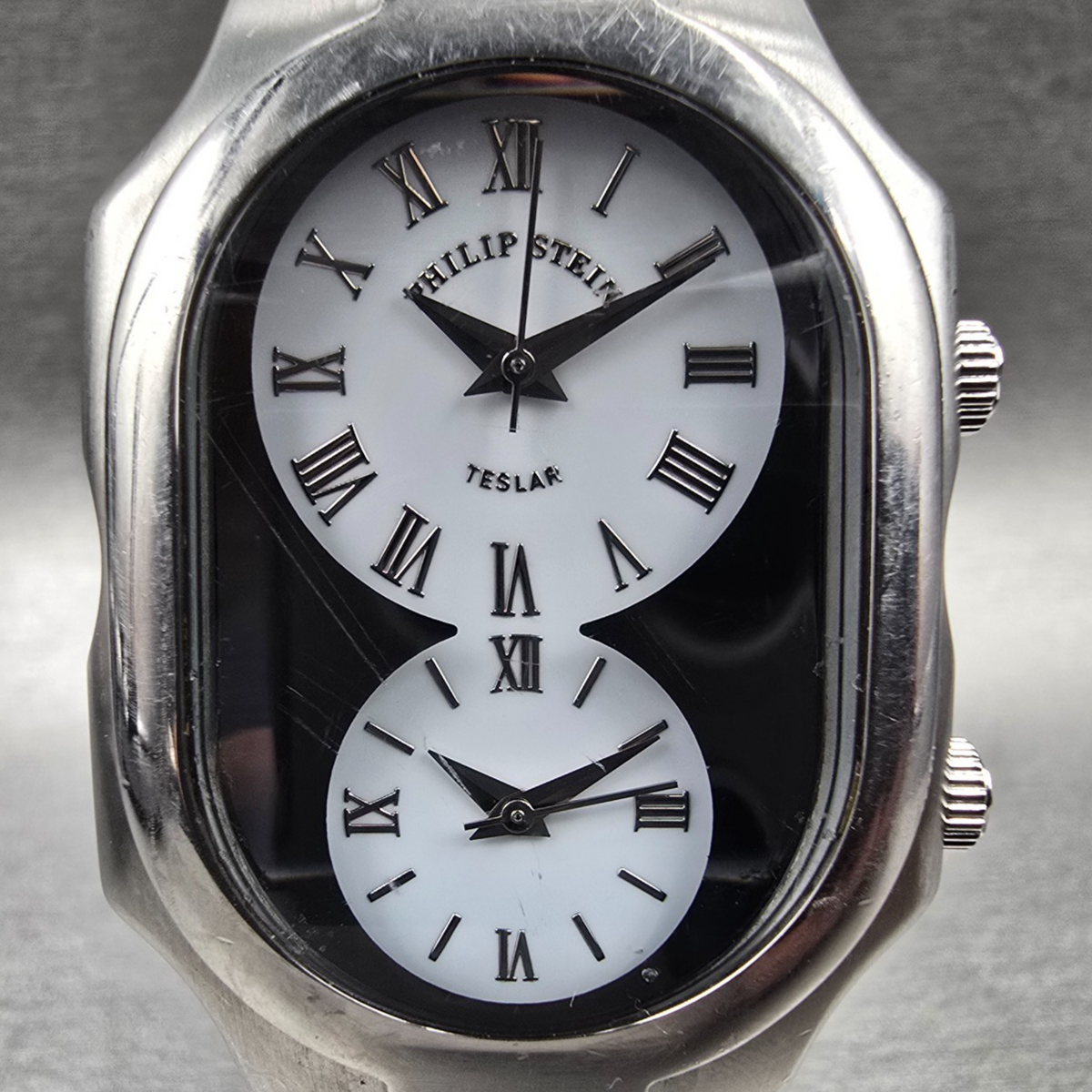 Philip Stein Teslar Watch Men 32mm White Dial Silver Tone Dual Time New Battery1