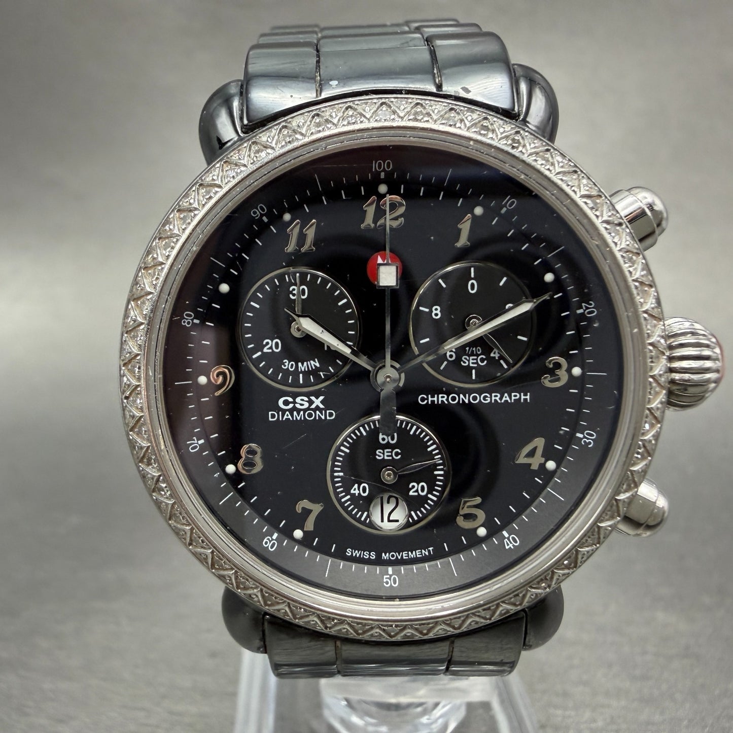 Michele CSX Chronograph Diamond Watch Women 37mm Black Dial Ceramic New batt0