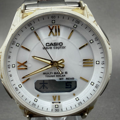 Casio Wave Ceptor Watch Men 42mm White Dial Steel Solar Analog Digital READ Runs1