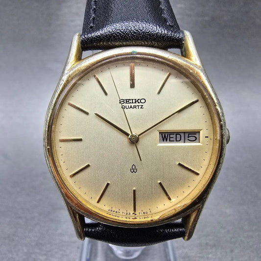 Seiko Watch Men 32mm Gold Dial Gold Tone Daydate Round 7123-7090 New Battery0