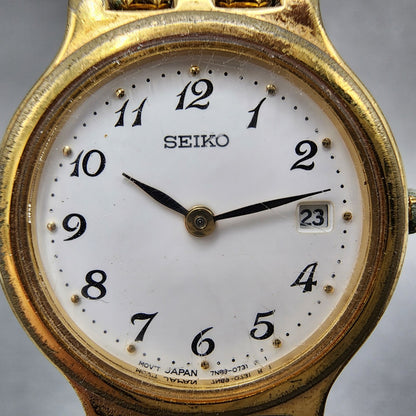 Seiko Watch Women 25mm White Dial Gold Tone Date Round 7n896001 New Battery1