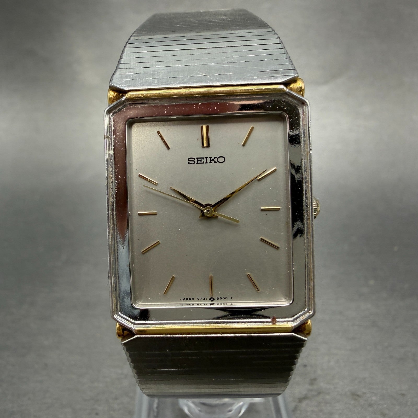 Seiko Tank Watch Men 25mm Silver Dial Two Tone READ!!!!!! 5P31-5A80 New Battery0