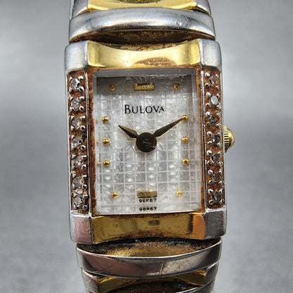 Bulova Tank Watch Women 15mm Silver Dial Two Tone 98F67 New Battery1