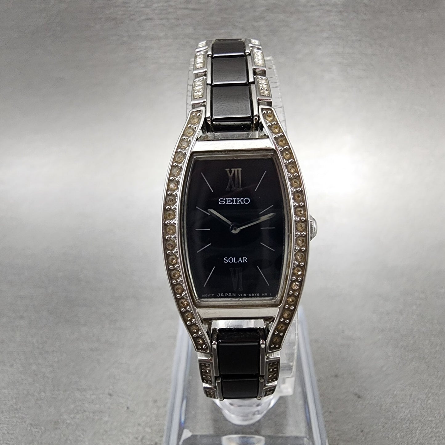 Seiko Solar Watch Women 19mm Black Dial Silver Tone Crystal Accent Runs V1150AY00