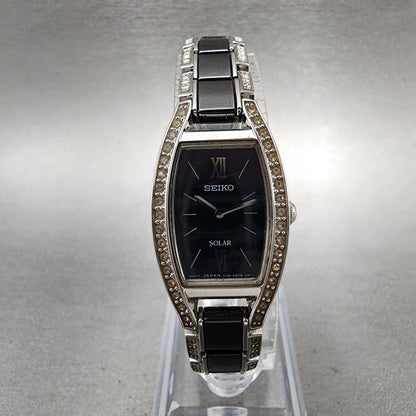 Seiko Solar Watch Women 19mm Black Dial Silver Tone Crystal Accent Runs V1150AY00