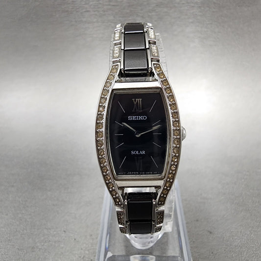 Seiko Solar Watch Women 19mm Black Dial Silver Tone Crystal Accent Runs V1150AY00