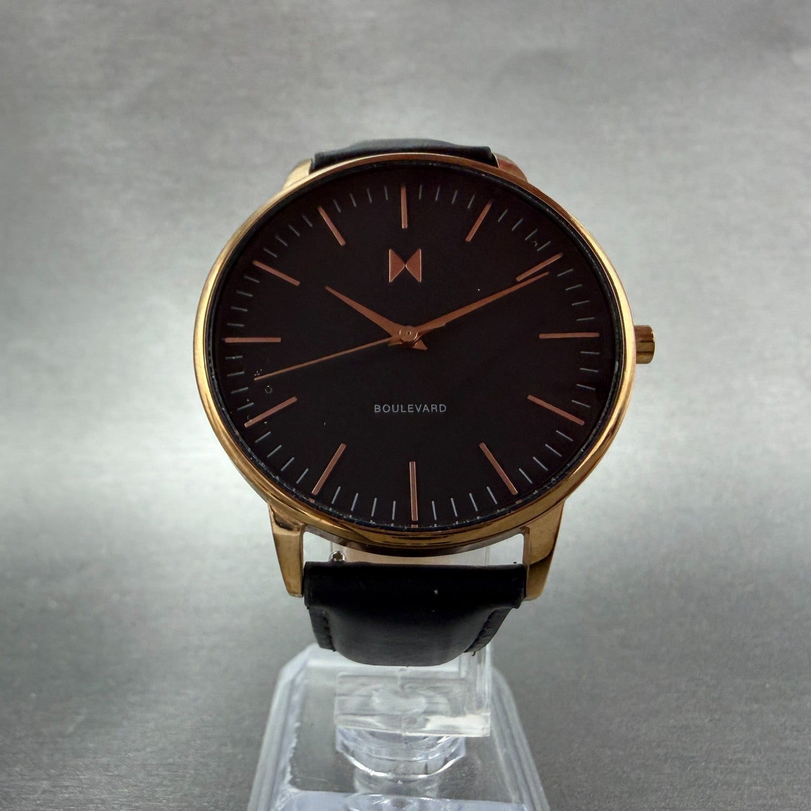 MVMT Boulevard Watch Women 38mm Black Dial Rose Gold Tone Leather New Battery T5