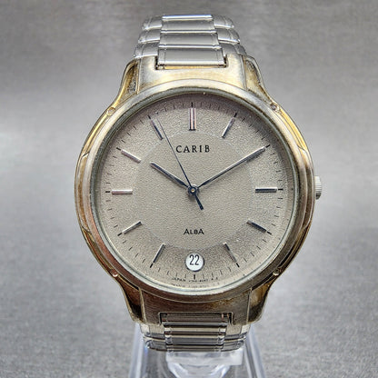 Seiko ALBA Carib Watch Men 35mm Gray Dial Silver Tone Round V742-8030 New Batt