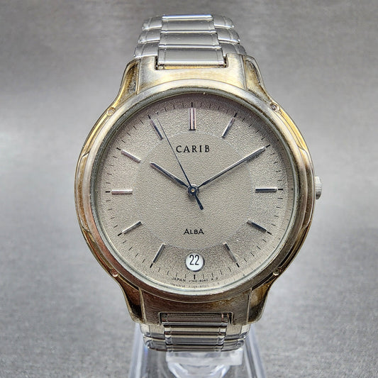 Seiko ALBA Carib Watch Men 35mm Gray Dial Silver Tone Round V742-8030 New Batt