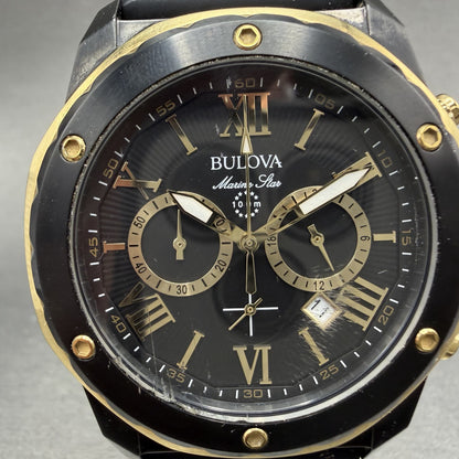 Bulova Marine Star Chronograph Watch Men 45mm Black Dial Black Date 98B278 Works1