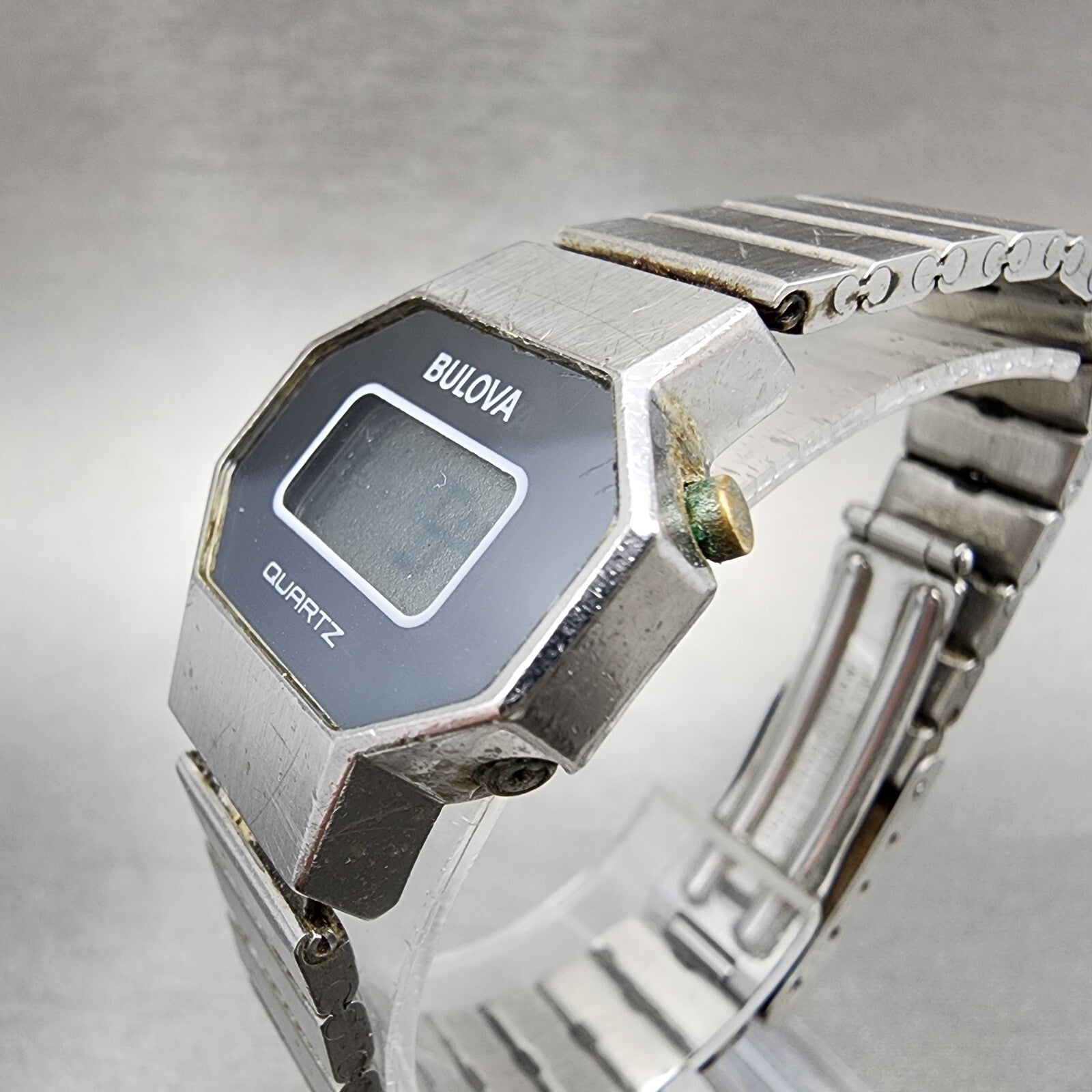 Bulova Digital Watch Women 25mm LCD Blue Dial Silver Tone Octagon New Battery N72