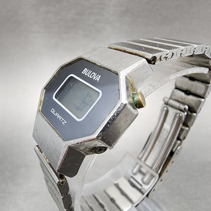 Bulova Digital Watch Women 25mm LCD Blue Dial Silver Tone Octagon New Battery N72