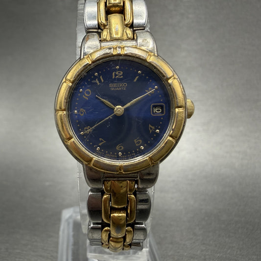 Seiko Watch Women 23mm Blue Dial Two Tone Date Round 7N82-6B79 New Battery0