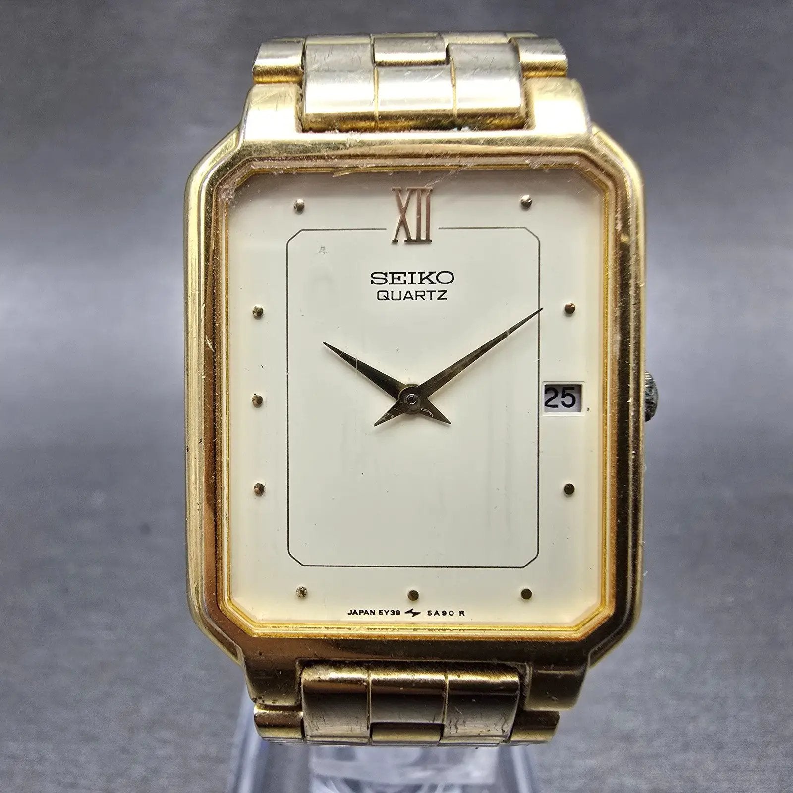 Seiko Tank Watch Men 26mm Cream Dial Gold Tone Date Rectangle 5Y39-5A60 PARTS0