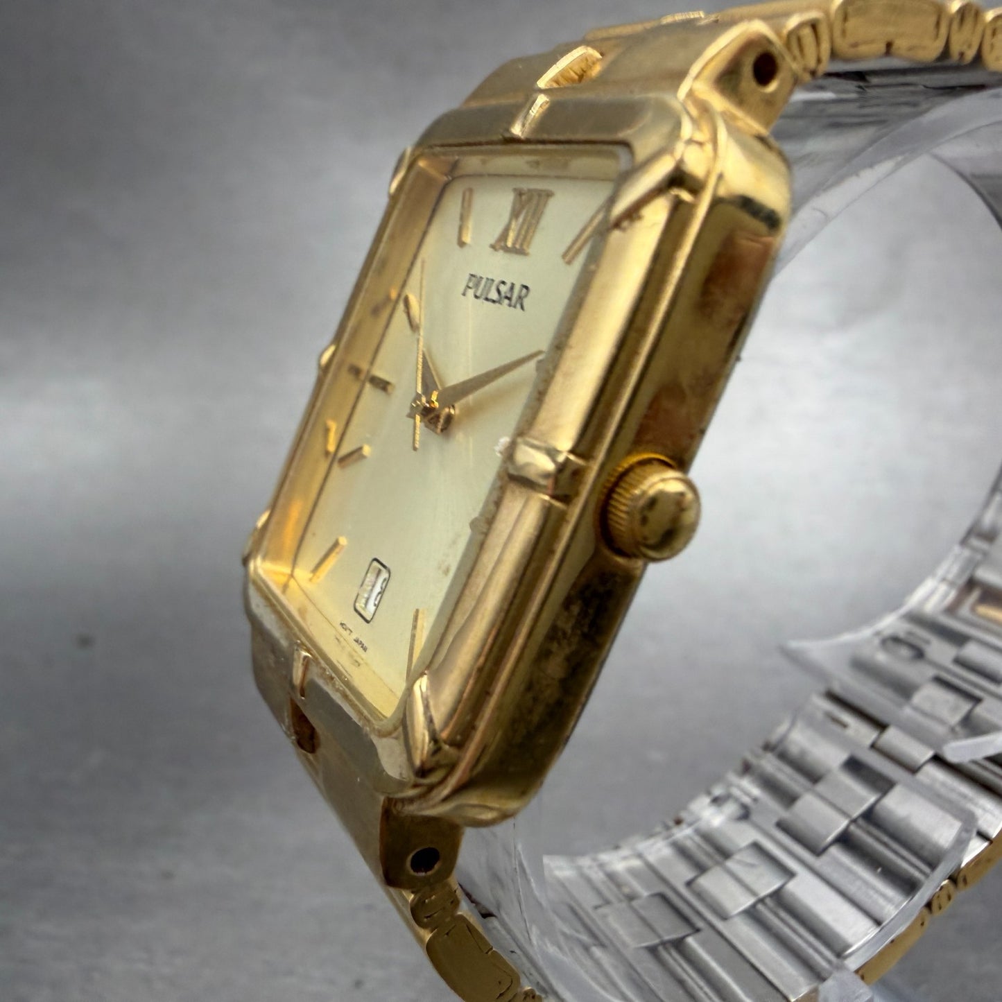 Pulsar Tank Watch Men 26mm Champagne Dial Gold Tone Date Rectangle New Battery 32