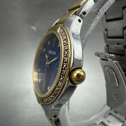Bulova Watch Women 28mm Blue Dial Two Tone Round 98R223 Diamond Bezel New Batt2