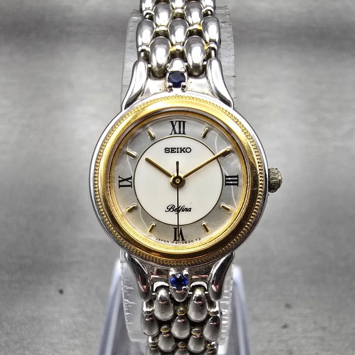 Seiko Belfina Watch Women 21mm MOP Dial Two Tone Gemmed Round 1F21-0C70 New Batt0