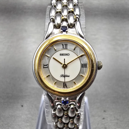 Seiko Belfina Watch Women 21mm MOP Dial Two Tone Gemmed Round 1F21-0C70 New Batt0