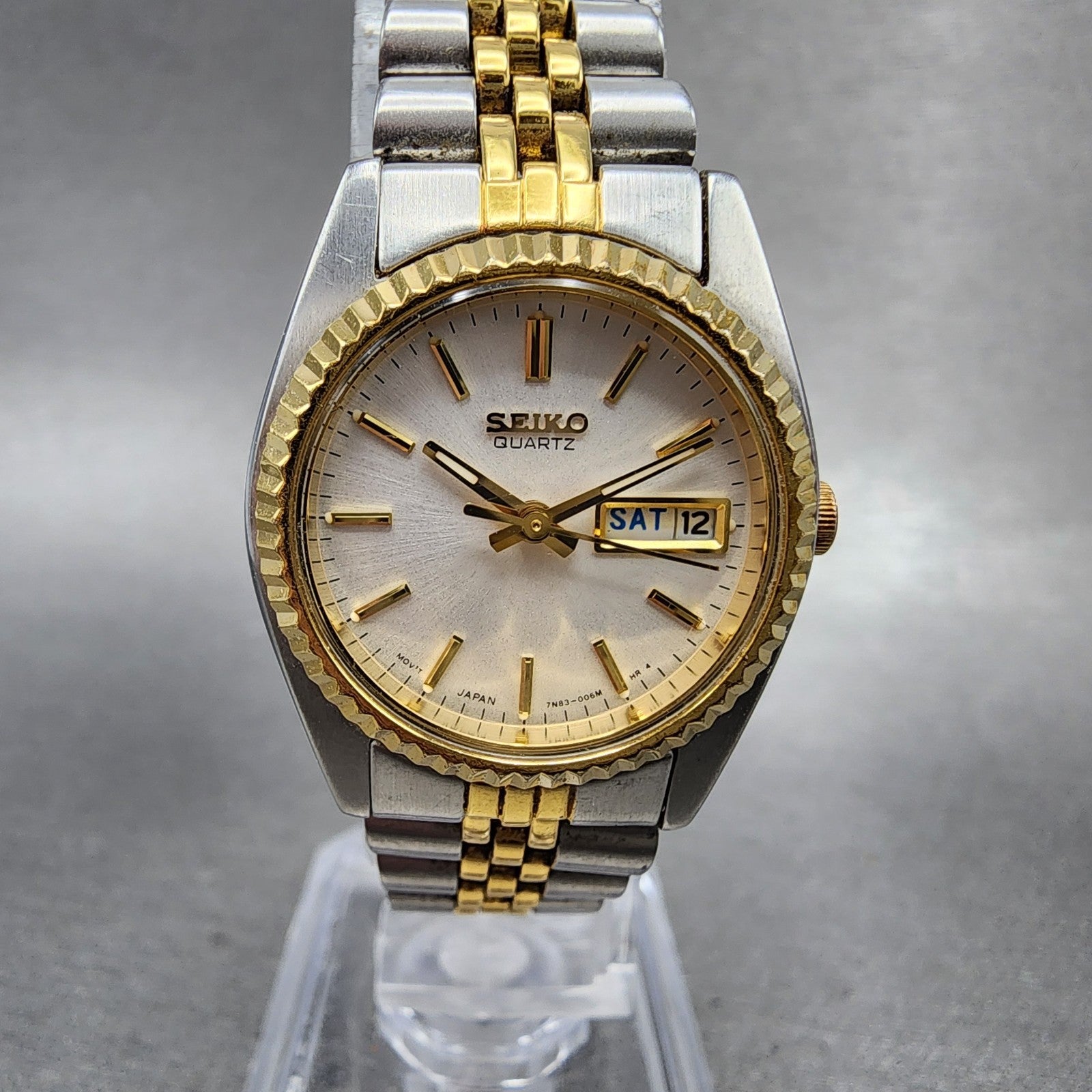 Seiko Watch Women 24mm White Dial Two Tone Daydate Round 7N830049 New Batt AB120