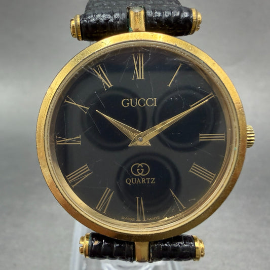 Gucci 2000M Watch Men 30mm Black Dial Gold Plated Leather Round New Battery VTG20