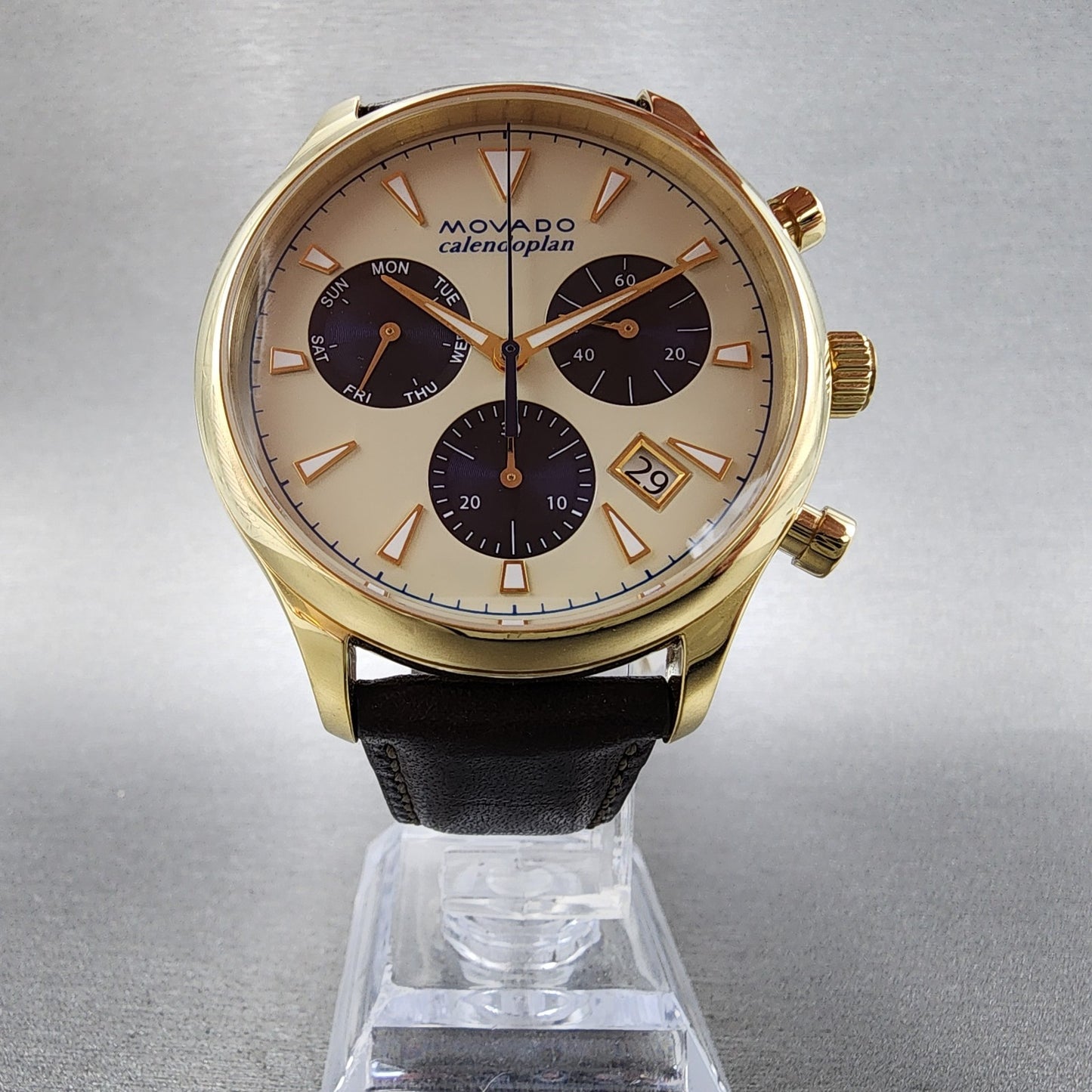 Movado Heritage Calendoplan Watch Men 43mm Cream Dial Gold Tone 36500076
