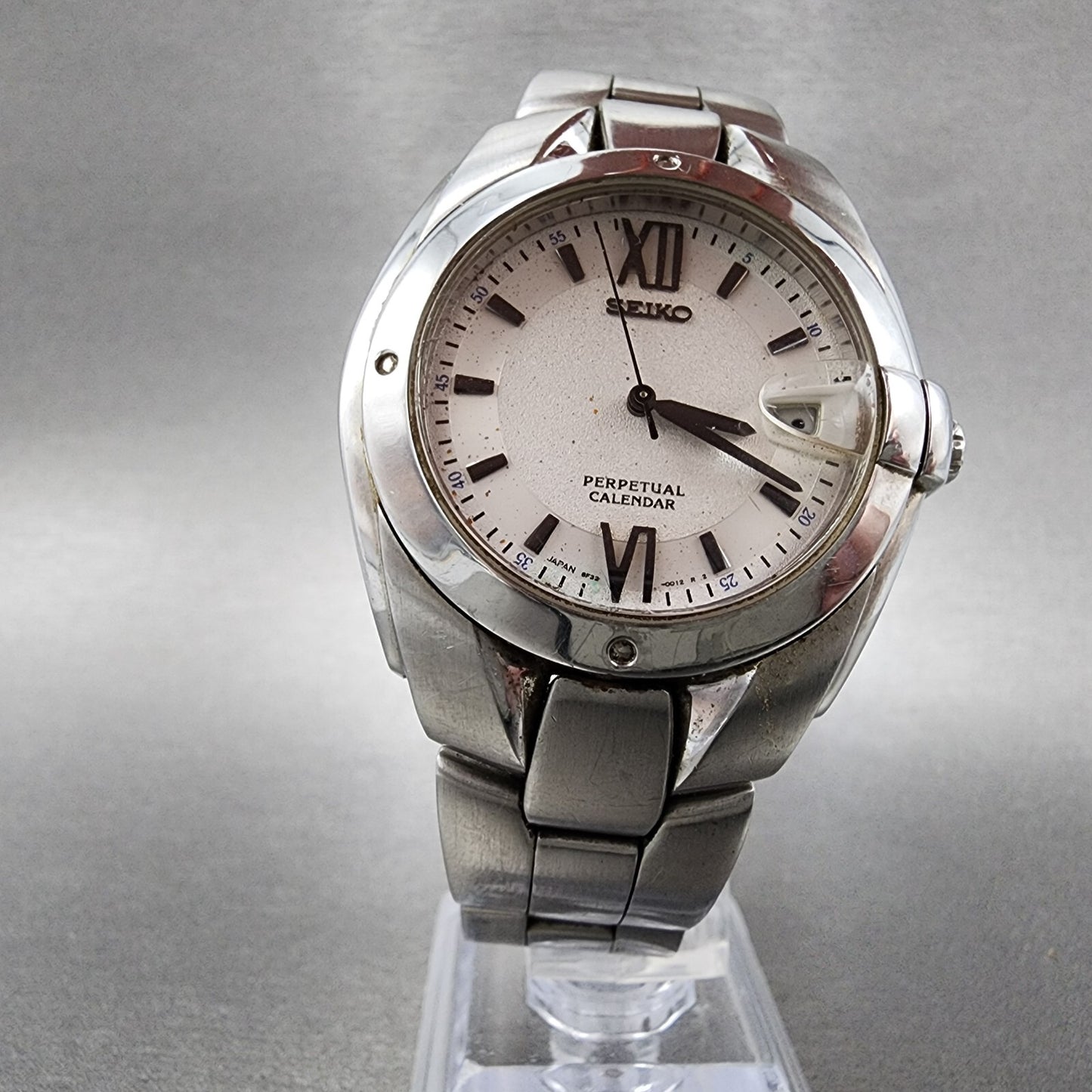 Seiko Perpetual Calendar Watch Men 39mm White Dial Silver Tone 8f320010 PARTS6