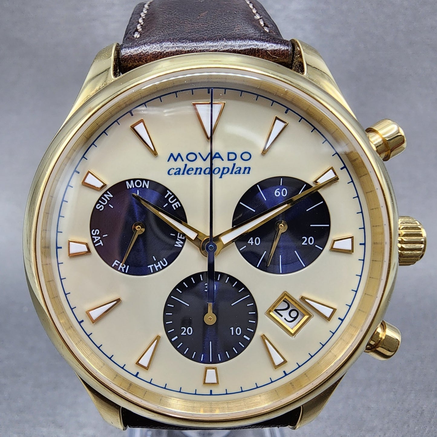 Movado Heritage Calendoplan Watch Men 43mm Cream Dial Gold Tone 36500071