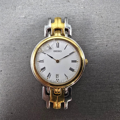 Seiko Watch Men 34mm White Dial Two Tone Date Round READ!! 7N39-7029 New Battery0