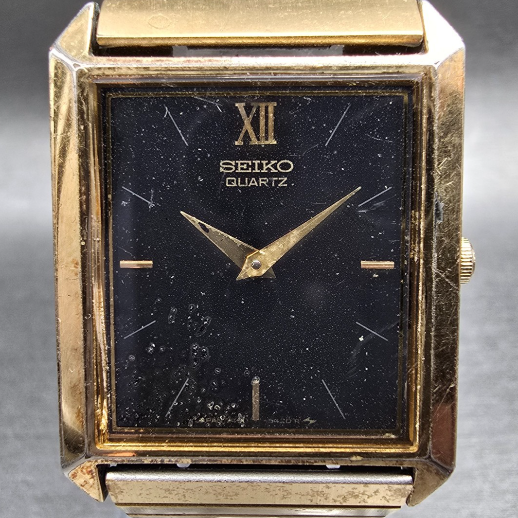 Seiko Tank Watch Men 26mm Black Dial Gold Tone Rectangle 7430-5260 New Battery1