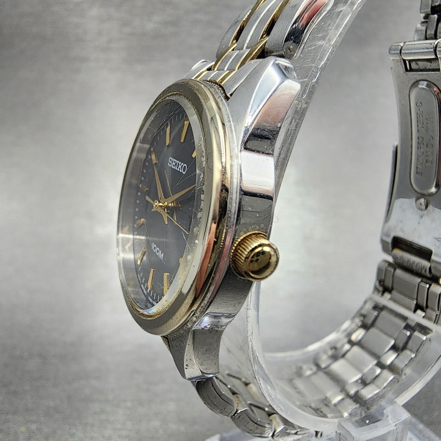 Seiko Watch Women 27mm Gray Dial Two Tone Date Round 7N82-0HF0 New Battery