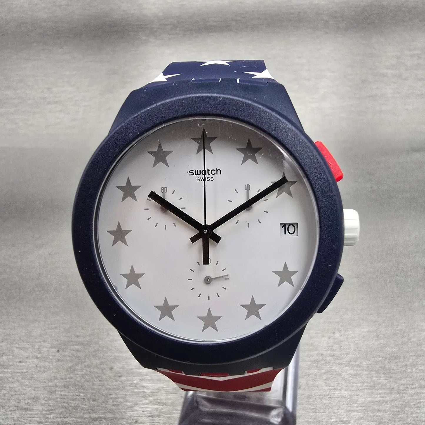 Swatch Free & Brave Chronograph Watch Men White Dial Blue Date SUSZ401 New Batt10