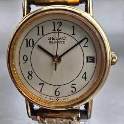 Seiko Watch Women 21mm Cream Dial Gold Tone Date Round 3E22-0069 New Battery VTG1