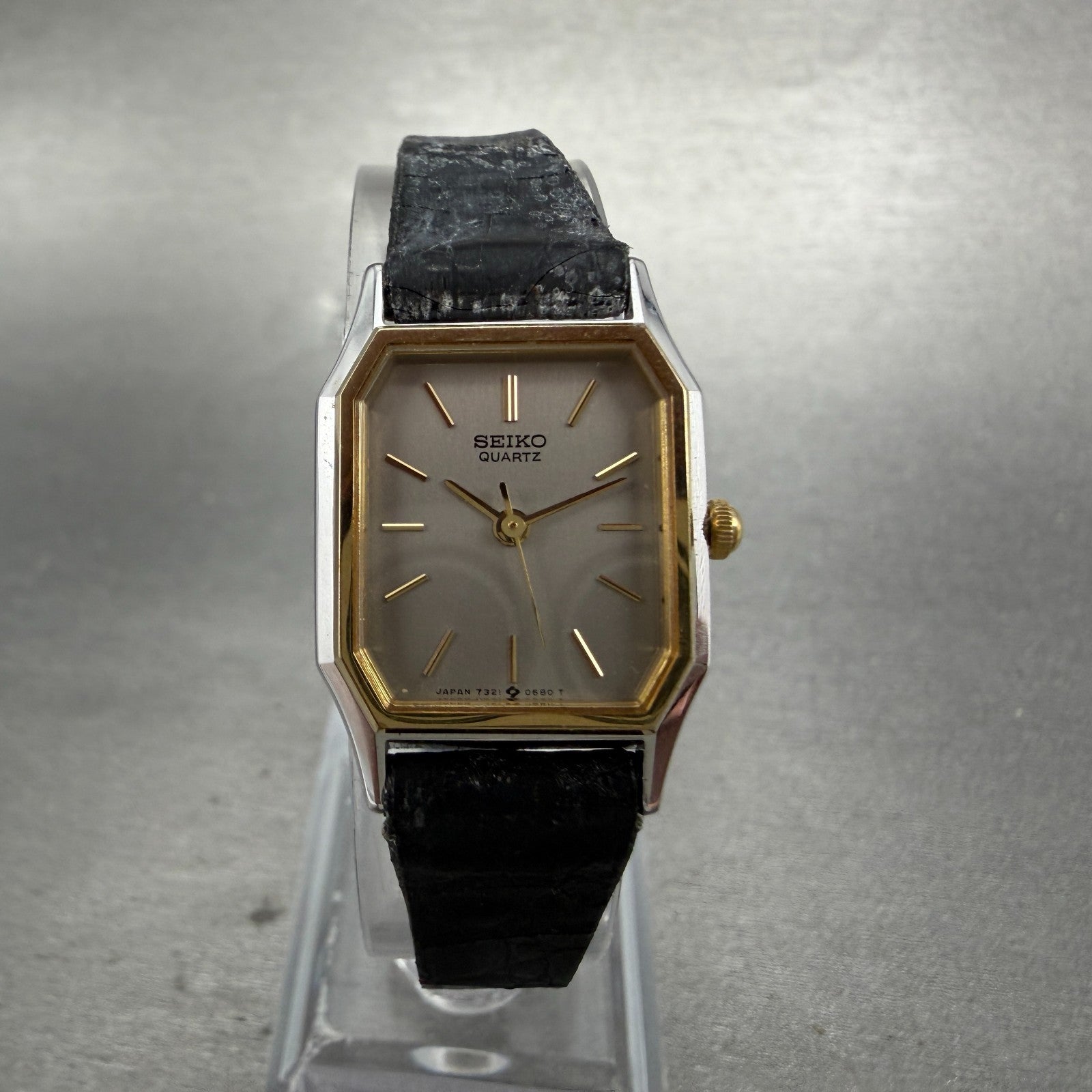 Seiko Tank Watch Women 20mm Silver Dial Two Tone Rectangle 7321-5240 New Battery0