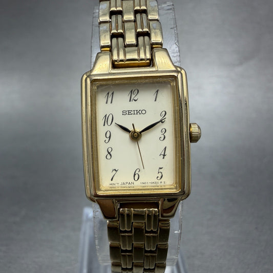 Seiko Tank Watch Women 16mm White Dial Gold Tone 1N01-0FH0 New Battery ZYGF60