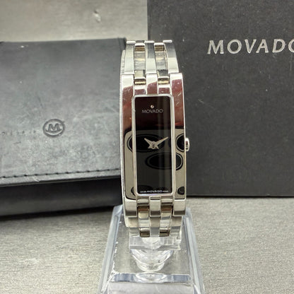Movado Esperanza Tank Watch Women 14mm Black Dial Steel Rectangle W/Box New Batt0