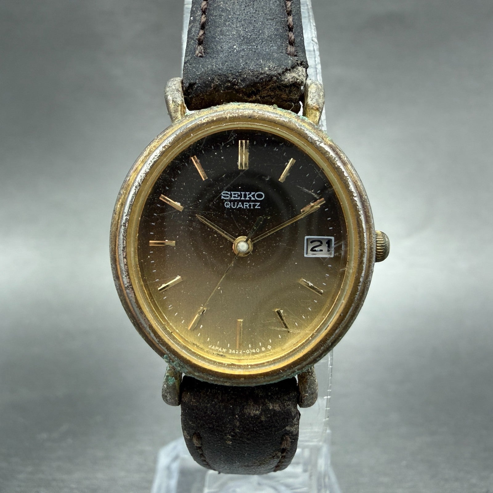 Seiko Watch Women 24mm Brown Dial Gold Tone Date Oval 3422-5040 New Battery0