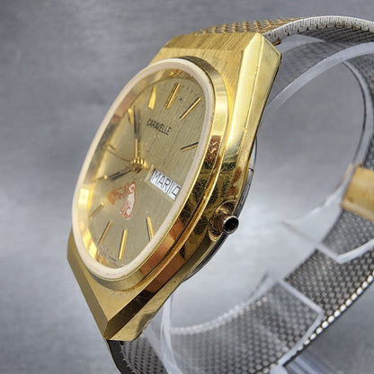 Bulova Caravelle Watch Men 33mm Gold Dial Gold Tone Daydate Round READ! New Batt2