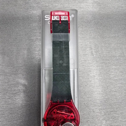 Swatch Hot Rap Watch Men 34mm Black Dial Red Case GR113 New Battery NOS7