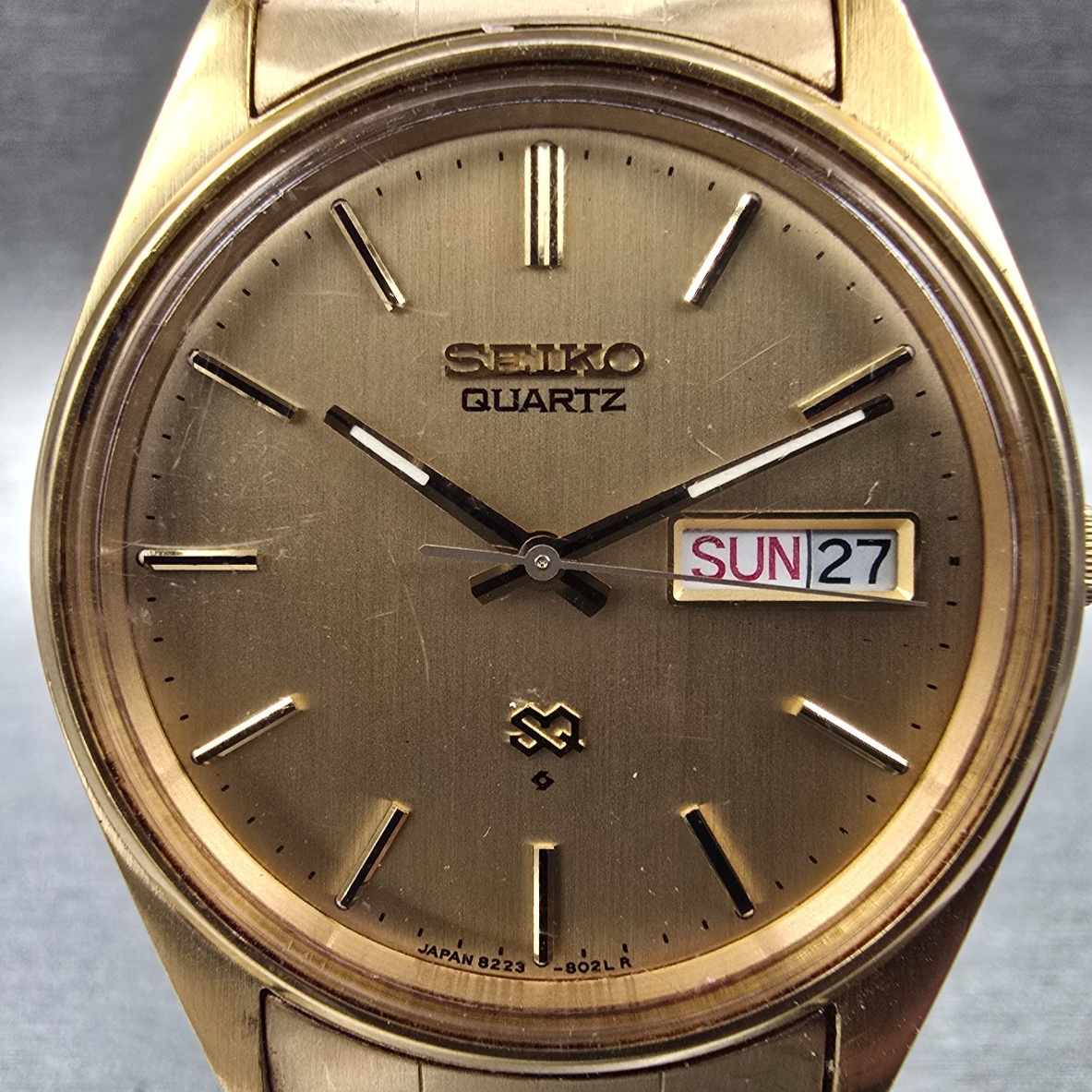 Seiko SQ Watch Men 36mm Gold Dial Gold Tone Daydate Round 8223-8019 New Battery1