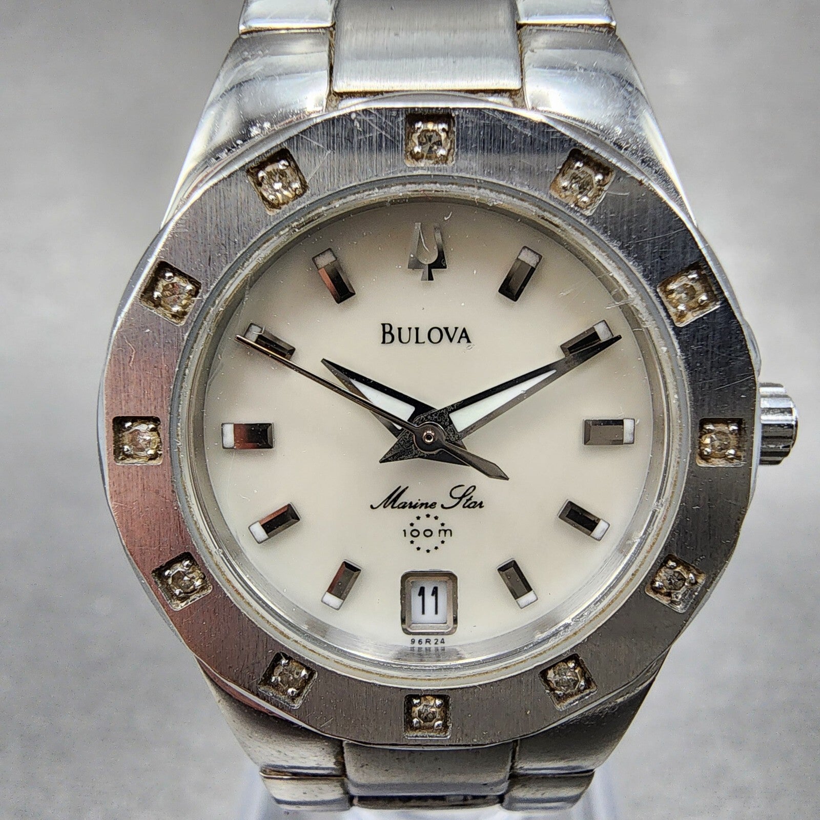 Bulova Marinestar Watch Women 25mm MOP Dial Stainless Steel Date Round New Batt1