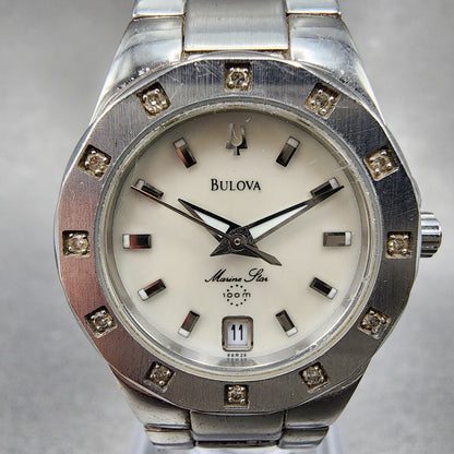 Bulova Marinestar Watch Women 25mm MOP Dial Stainless Steel Date Round New Batt1